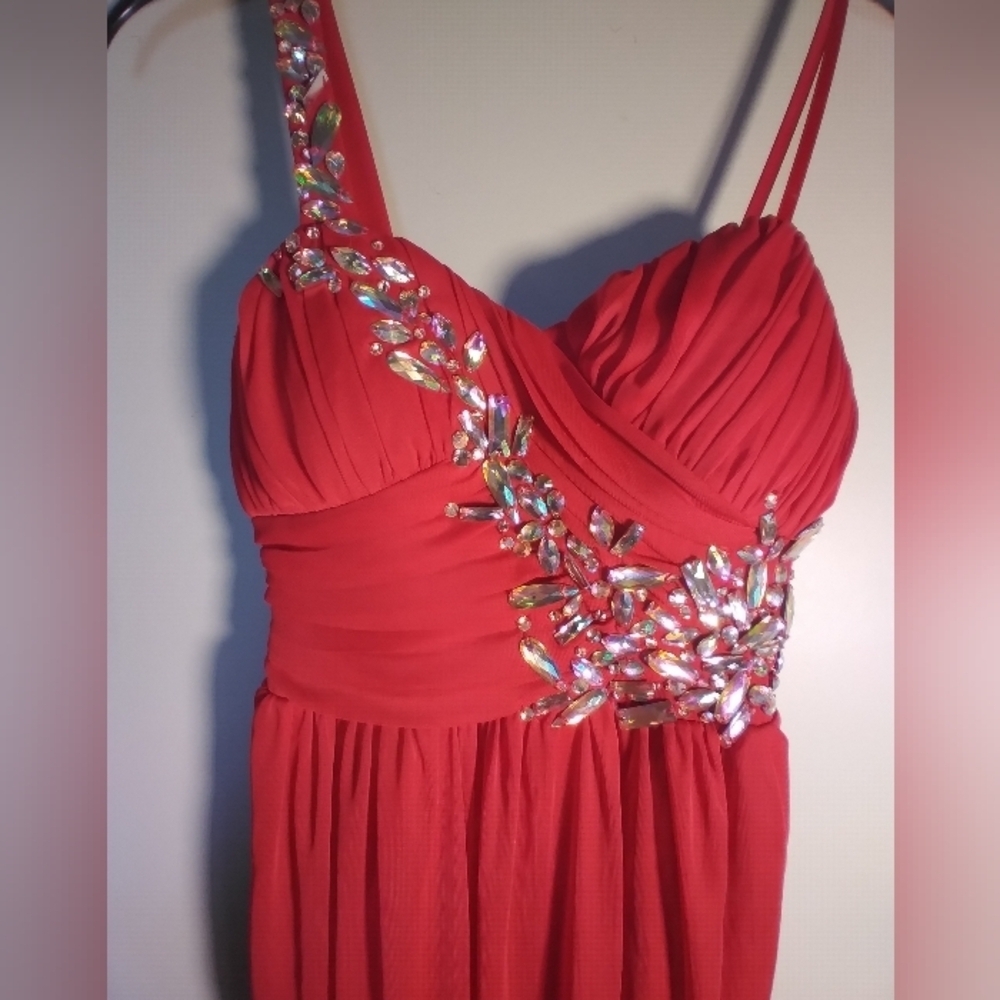 City Triangle Red One Strap Rhinestone Shear With Lining Evening Dress Size 1